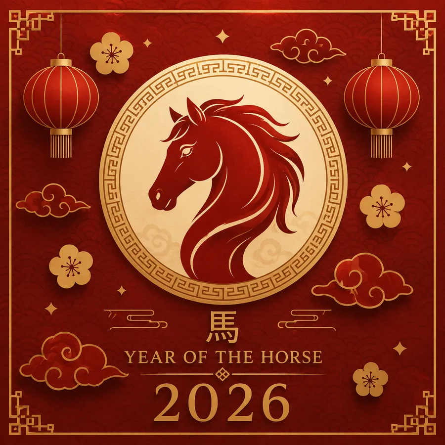 Year of the Horse 2026 Chinese astrology — red and gold horse emblem with lanterns marking the Fire Horse lunar year