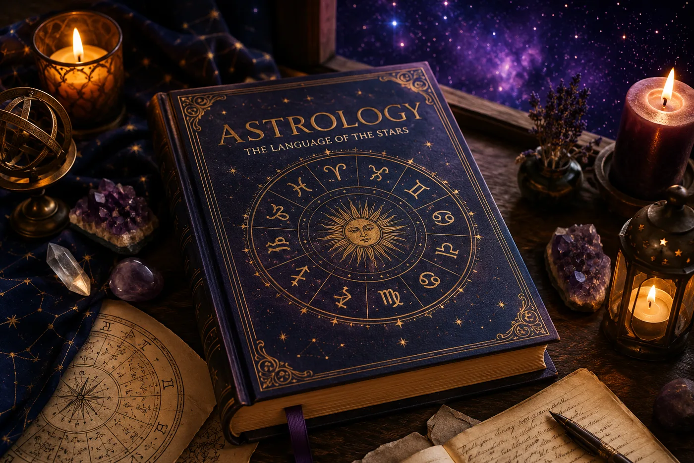 Your astrology — person greeting the sunrise beneath a glowing zodiac wheel of star signs over mountain clouds